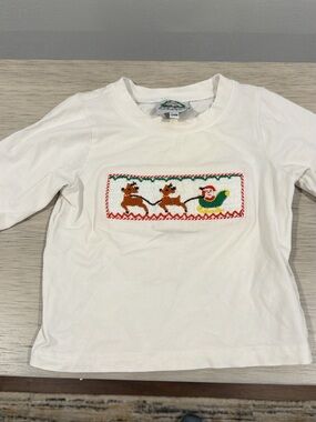 White Long-Sleeve Kids Shirt with Smocked Holiday Applique